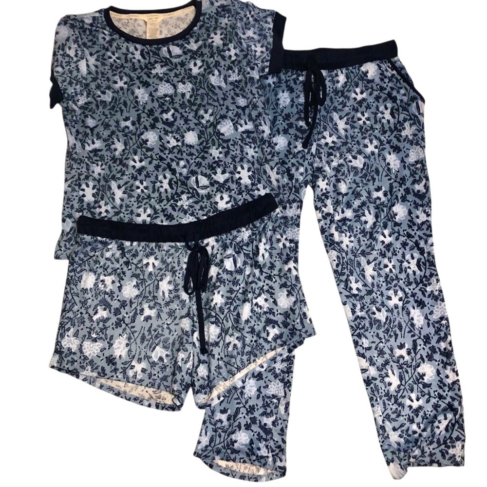 Lucky Brand Sz M 3Piece Pajama Set Soft Cozy Printed Blue Abstract Floral Boho